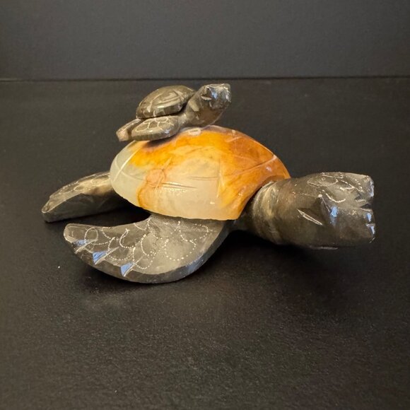 None Other - Hand Carved Marble Stone Sea Turtle w/ Baby Figurine Carving 4" X 4"